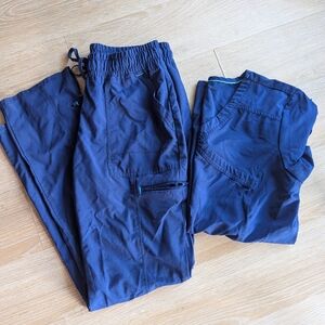 Navy Blue and Turquoise Lined Top and Bottom Scrub Set